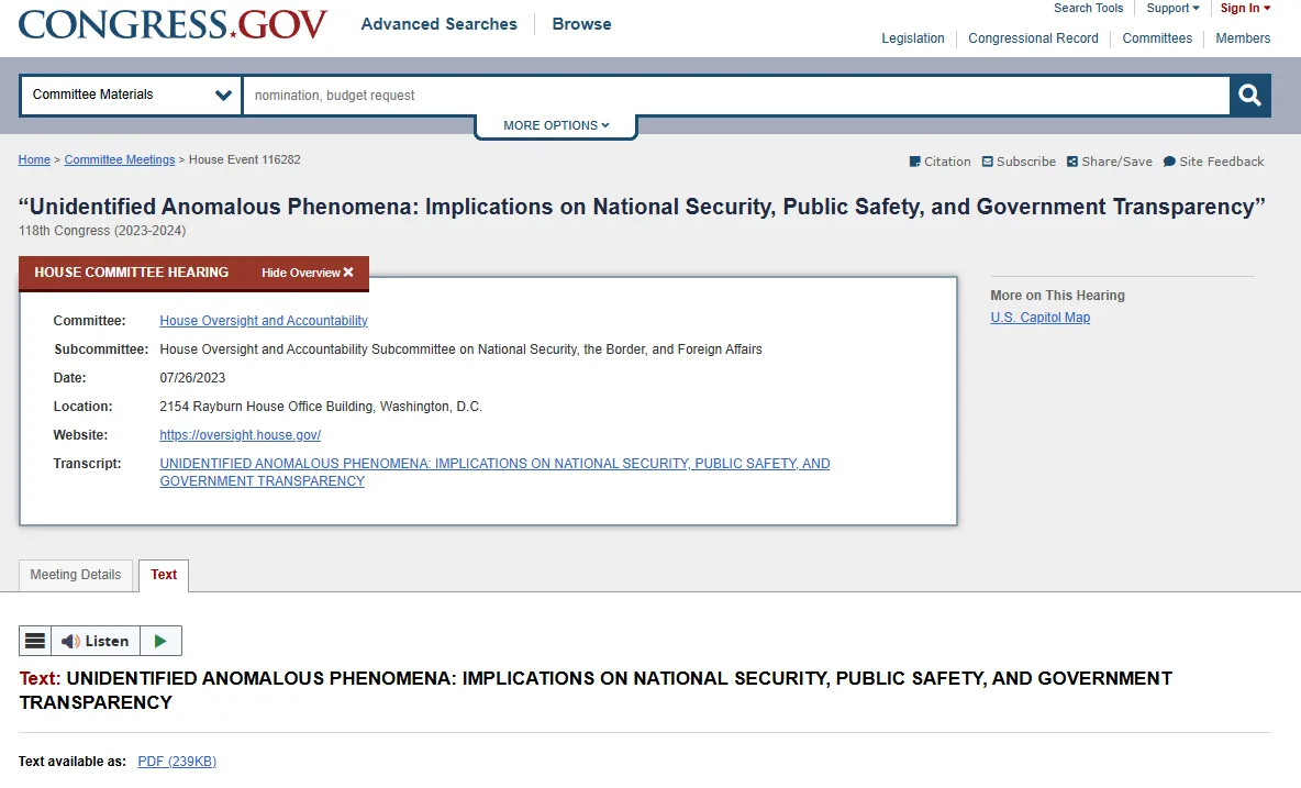 Screenshot der Kongress-Anhörung „Unidentified Anomalous Phenomena: Implications on National Security, Public Safety, and Government Transparency“ auf congress.gov