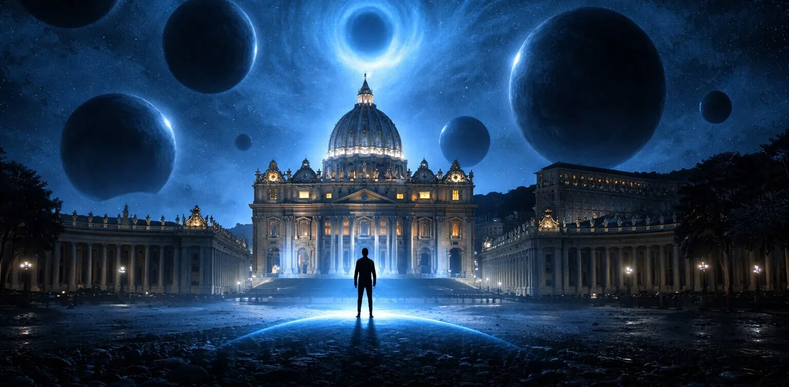 Szene aus Quantulation: eine einzelne Gestalt vor dem Petersdom unter einem Himmel voller Planeten